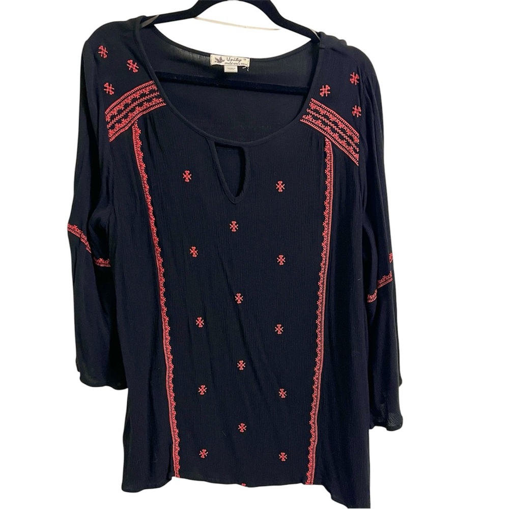 Unity World Wear Women’s Black Boho Peasant Top Embroidery Flutter sleeve 1X